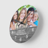 グレー素朴ウッドファームハウスファミリー名写真 ラウンド壁時計 (傾斜)