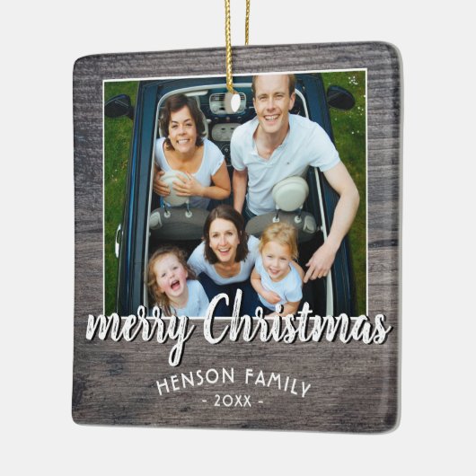 グレー素朴ウッド家族の写真メリークリスマス セラミックオーナメント (左)