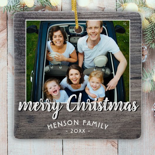 グレー素朴ウッド家族の写真メリークリスマス セラミックオーナメント