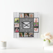 グレー素朴ウッド独自の12フォトコラージュを作成 スクエア壁時計 (ホーム)