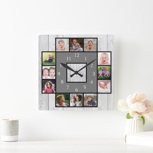 グレー素朴ウッド独自の12フォトコラージュを作成 スクエア壁時計 (ホーム)