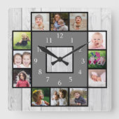 グレー素朴ウッド独自の12フォトコラージュを作成 スクエア壁時計 (正面)