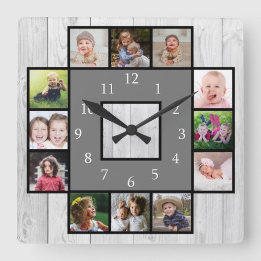 グレー素朴ウッド独自の12フォトコラージュを作成 スクエア壁時計 (正面)
