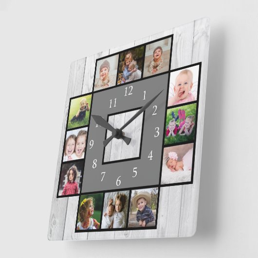 グレー素朴ウッド独自の12フォトコラージュを作成 スクエア壁時計 (傾斜)