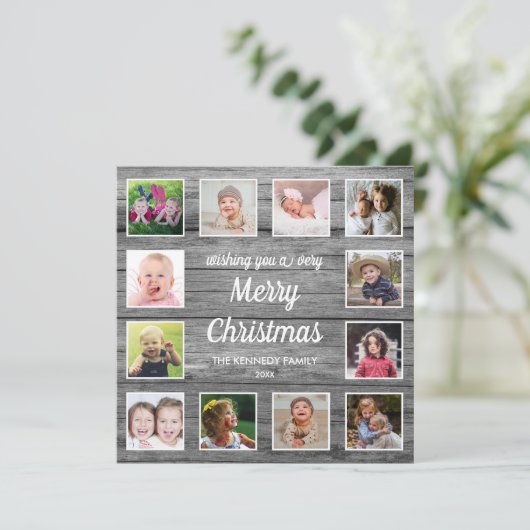 グレー素朴ウッド12フォトコラージクリスマス シーズンカード (スタンド正面)