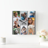 グレー素朴ウッド8フォトコラージファミリー名 スクエア壁時計 (ホーム)