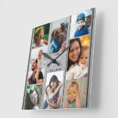 グレー素朴ウッド8フォトコラージファミリー名 スクエア壁時計 (傾斜)