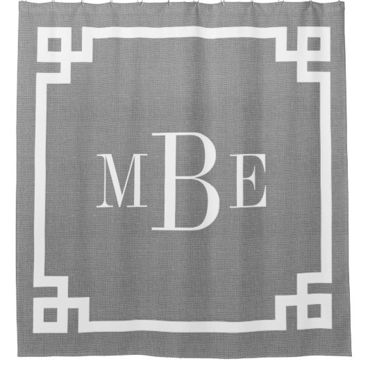 グレー素朴ギリシャ鍵モノグラ縁どム |農家 シャワーカーテン (正面)