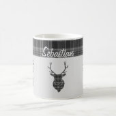 グレー素朴タータンチェックパターン及びスタグヘッドアントラー コーヒーマグカップ (中央)