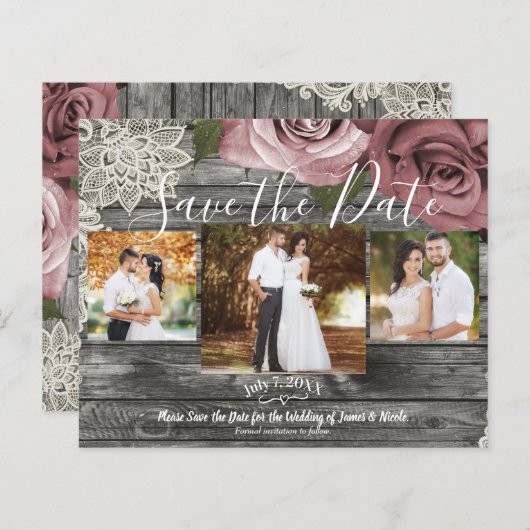 グレー素朴ダスティピンクのバラの写真の保存日付 (正面/裏面)