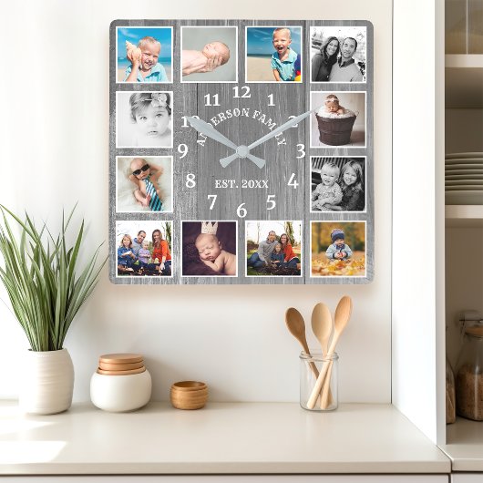 グレー素朴バーンウッドファームハウス12フォトコラージュ スクエア壁時計