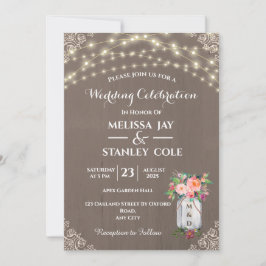 グレー素朴メイソンの瓶の花の弦のラ結婚イト 招待状