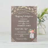 グレー素朴メイソンの瓶の花の弦のラ結婚イト 招待状 (スタンド正面)