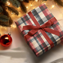 グレー素朴レッドタンアイボリーの格子模様 ラッピングペーパー