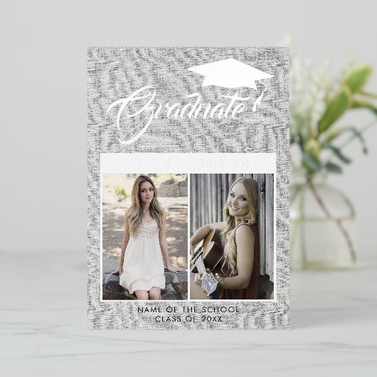 グレー素朴卒業生2写真卒業シルバー 箔招待状 (立ち正面)