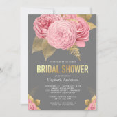 グレー素朴金ゴールドダスティピンクフローラブライダルシャワー 招待状 (正面)