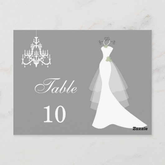 グレー結婚のテーブル番号にシャンデリアのガウン ポストカード (裏面)