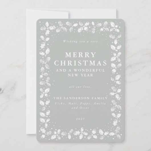 グレー緑の手印刷ホリー シーズンカード (正面)