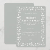グレー緑の手印刷ホリー シーズンカード (正面/裏面)