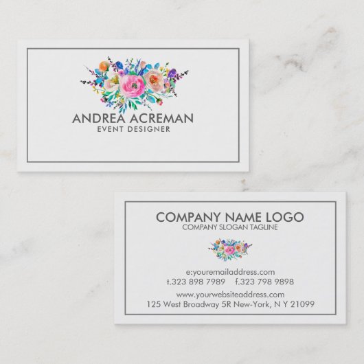 グレー縁どウォーター色の花 名刺 (正面/裏面)