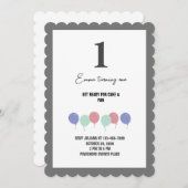 グレー縁どバルーズ1歳の誕生日招待状 招待状 (正面/裏面)