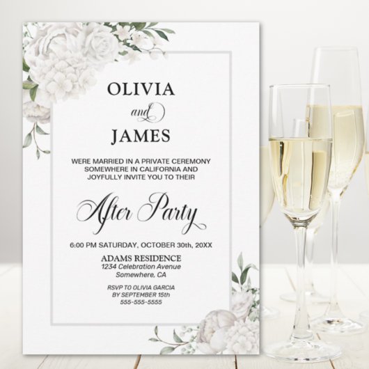 グレー縁どホワイトフローラ結婚のパーティー後 招待状