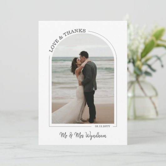 グレー美しい結婚アーチの写真の愛感謝していと サンキューカード (スタンド正面)