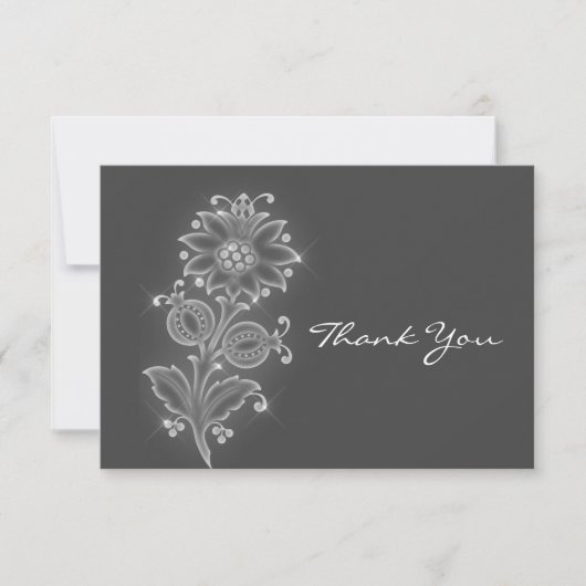 グレー背景の白いフォークアートの花 サンキューカード (正面)