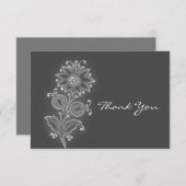 グレー背景の白いフォークアートの花 サンキューカード (正面/裏面)