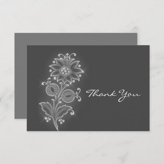 グレー背景の白いフォークアートの花 サンキューカード (正面/裏面)