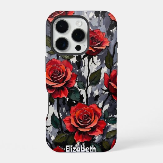 グレー背景の真っ赤なバラ iPhoneケース (裏面)