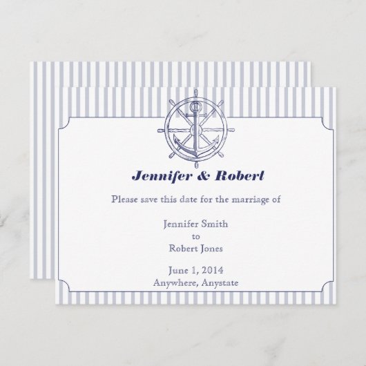 グレー航海のいかりのストライプ日付カードの保存 セーブザデート (正面/裏面)