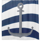 グレー航海のいかり曲線青と白のストライプ シャワーカーテン (正面)