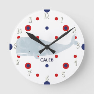 グレー航海のウォーターカラーホエールレッドブルー名 ラウンド壁時計