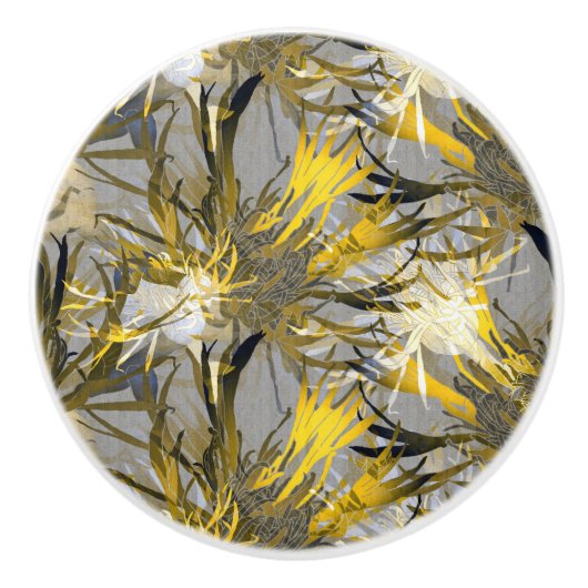 グレー芸術的ブラックおよび金ゴールド抽象芸術フローラ セラミックノブ (正面)