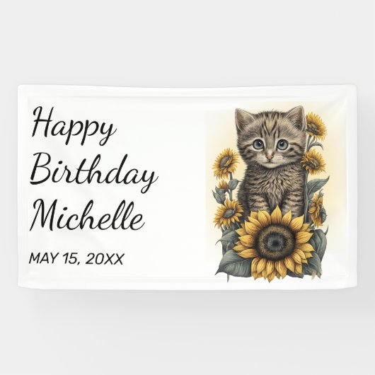 グレー虎猫キッテンキャットサンフラワーズハッピーバースデー 横断幕 (横)