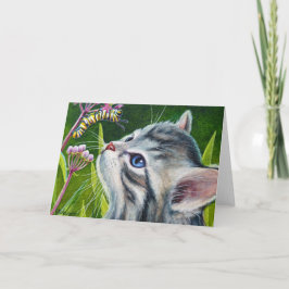 グレー虎猫キッテン&キャタピラー水彩画 カード