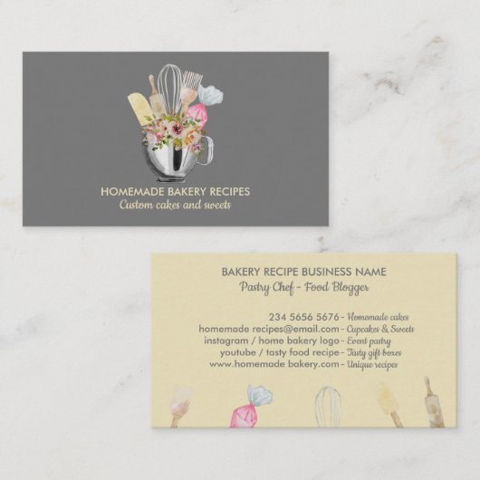 グレー調理師シェフウォーターカラーベーキング器具ベーカリー 名刺 (正面/裏面)