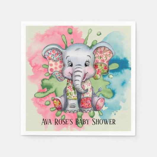 グレー象の縫いフローラパッチワーク赤ちゃんシャワー スタンダードカクテルナプキン (正面)