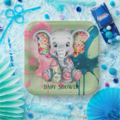 グレー象の縫いフローラパッチワーク赤ちゃんシャワー ペーパープレート (パーティー)