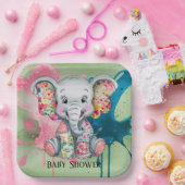 グレー象の縫いフローラパッチワーク赤ちゃんシャワー ペーパープレート (パーティー)