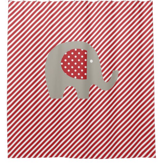 グレー象赤と白対角ストライプ線 シャワーカーテン (正面)