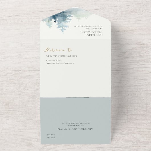 グレー赤面グリーンブルーマウンテンズパイン結婚ズ オールインワン招待状 (外側)