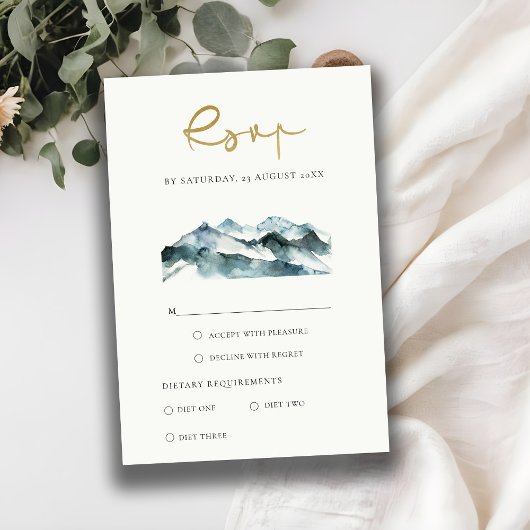 グレー赤面グリーンブルーマウンテンズパイン結婚式RSVP エンクロージャーカード