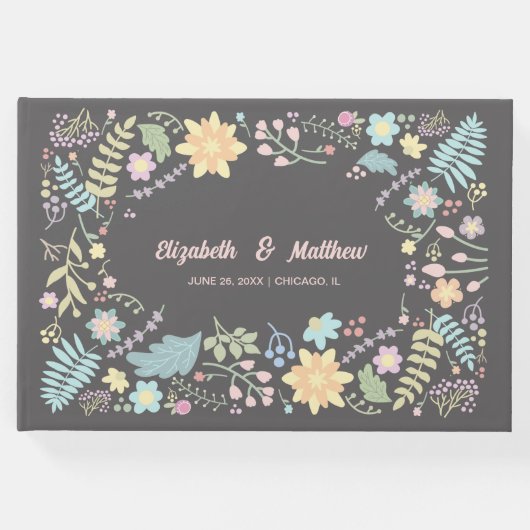 グレー赤面ピンクアクアモダンフローラ結婚ズ ゲストブック (正面)