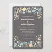 グレー赤面ピンクアクアモダンフローラ結婚ズ 招待状 (正面)