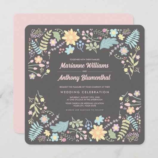 グレー赤面ピンクアクアモダンフローラ結婚ズ 招待状 (正面/裏面)