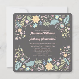 グレー赤面ピンクアクアモダンフローラ結婚ズ 招待状