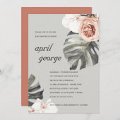 グレー赤面ラストフローラモンストレラベビーシャワー招待状 サンキューカード (正面/裏面)