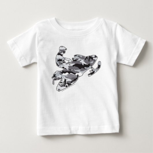 グレー迷彩のスノーモービル ベビーTシャツ (正面)